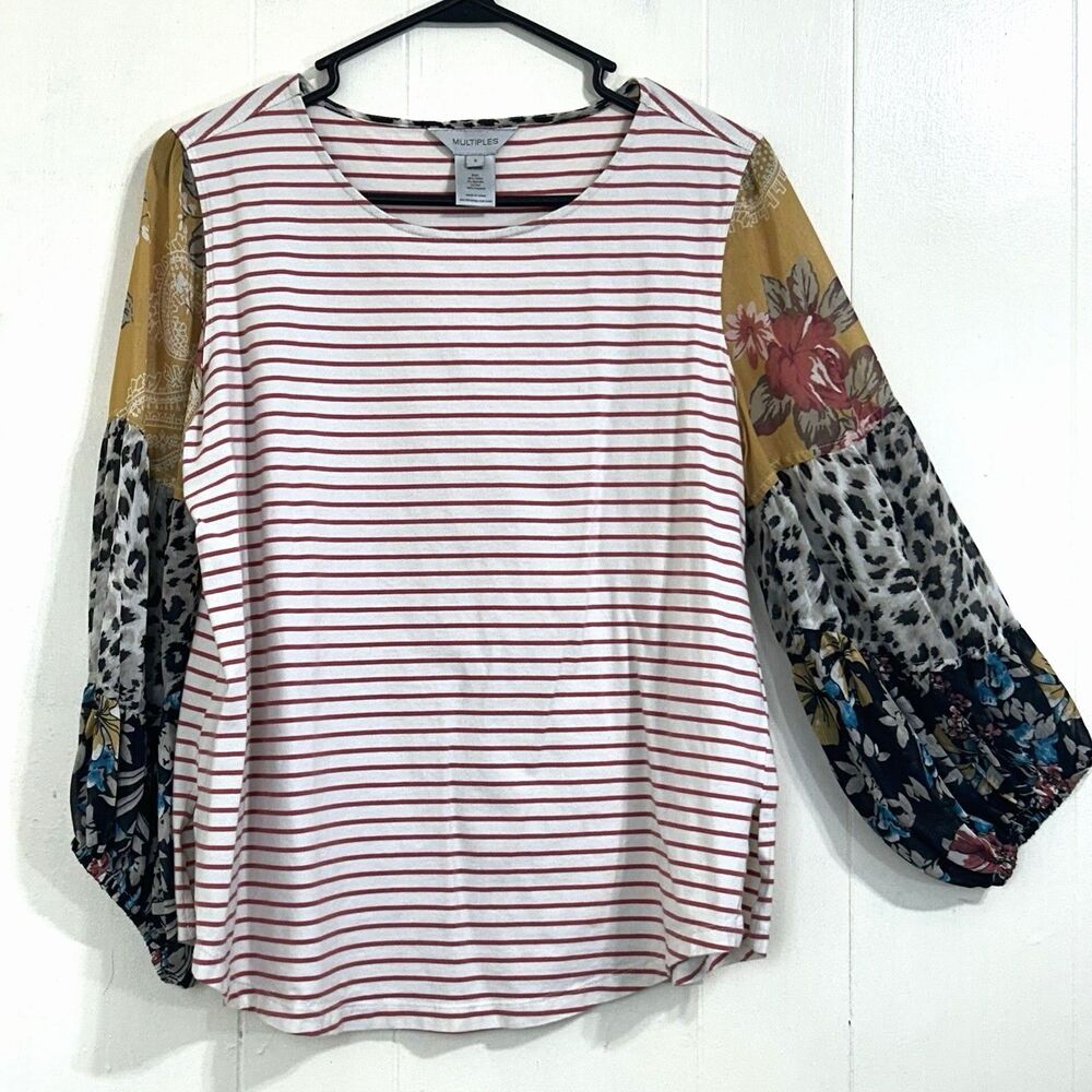 Multiples Multicolor Knit Top Striped Mixed-print Balloon Sleeves Size Small